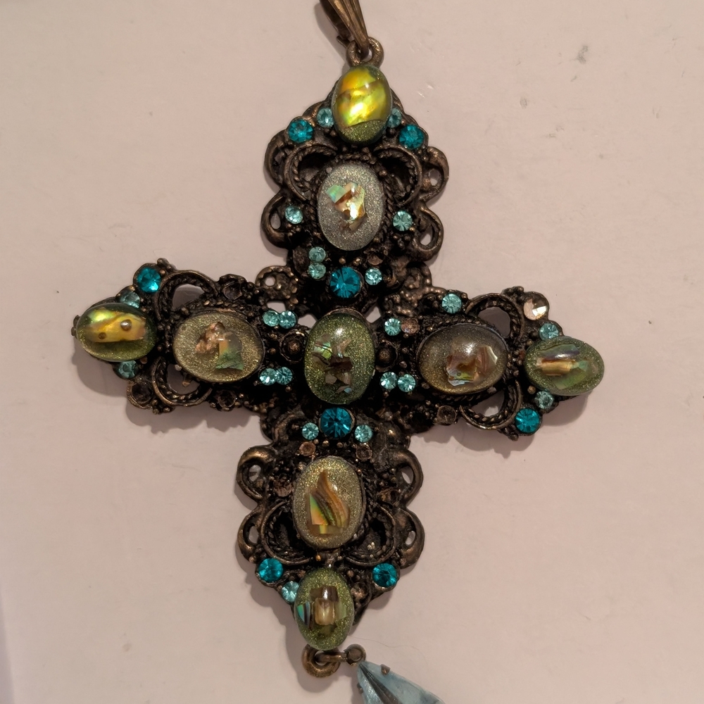 Antique Gem And Brass Cross Necklace